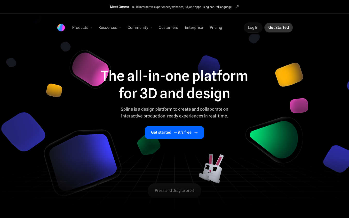 The layout utilizes a dynamic arrangement of geometric shapes and text blocks, creating a sense of depth and movement. The color palette is predominantly dark with vibrant accents, emphasizing a modern, tech-forward aesthetic. · design platform, 3d design, interactive experiences, web design, no-code, spline, creative tools