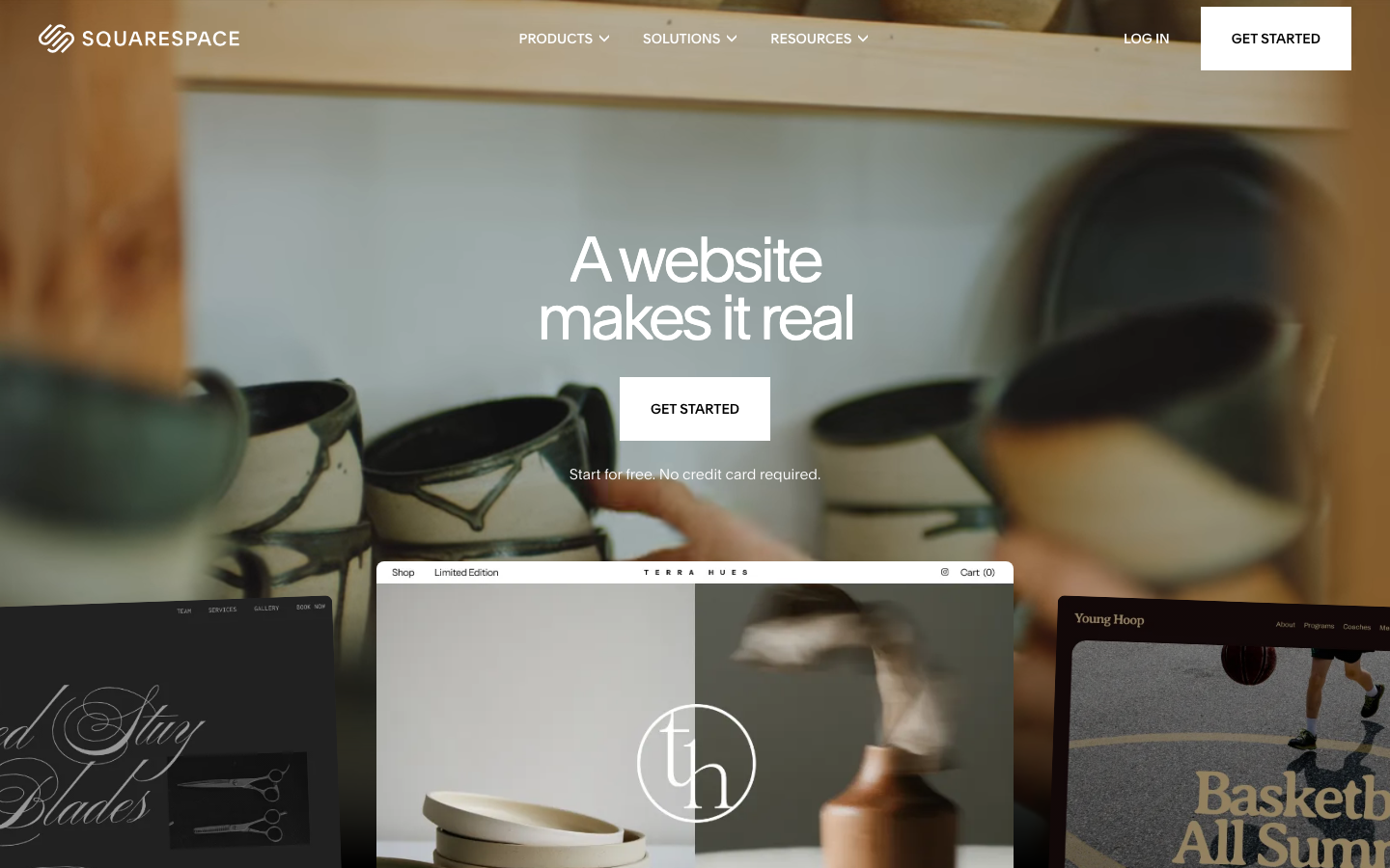 The page uses a split-screen layout with a large, softly focused image on one side and text content on the other. The color palette is muted and natural, creating a sense of calm and sophistication. Typography is clean and legible, prioritizing clarity over ornamentation. · website builder, design platform, minimalist design, creative agency, portfolio website, landing page, squarespace homepage, soft background, split screen