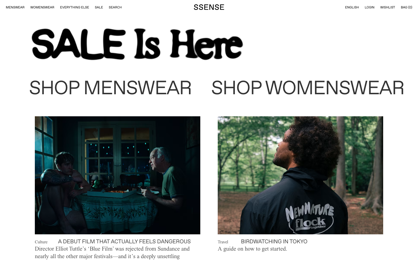 The page uses a stark, high-contrast aesthetic with large-format photography and minimal text. The layout is a grid of distinct visual blocks, presenting curated content in a visually driven manner. · fashion editorial, online magazine, minimalist ecommerce, high contrast layout, fashion photography, sale promotion, menswear womenswear