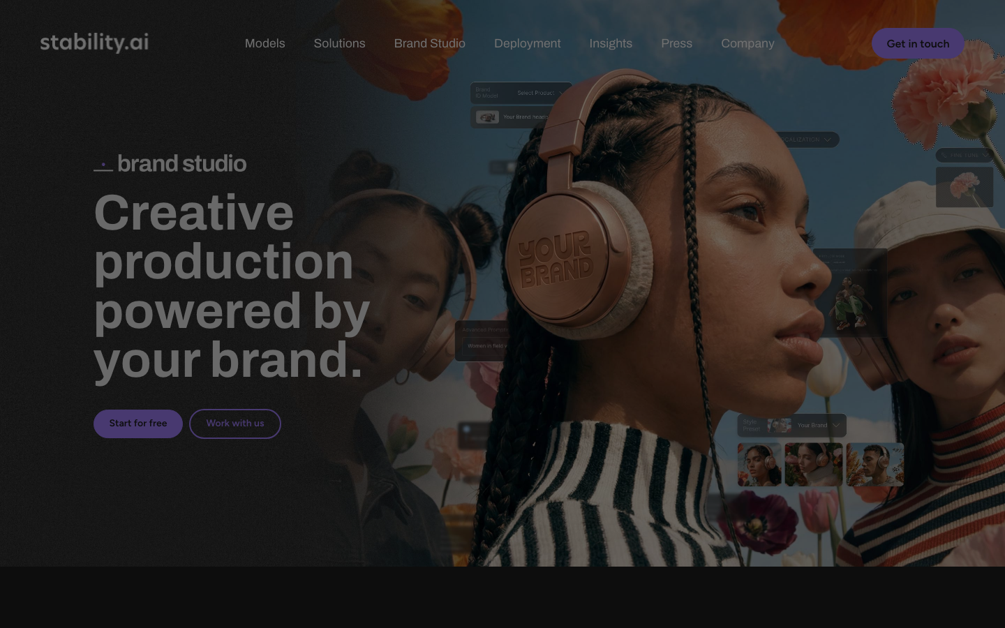 The page uses a split screen to juxtapose a large, evocative image with a smaller selection of product previews. The overall feel is clean and sophisticated, emphasizing visual clarity and a sense of curated detail. · ai product showcase, tech product display, minimalist product page, split screen design, modern tech aesthetic, product catalog, stability ai, headphones, creative tools