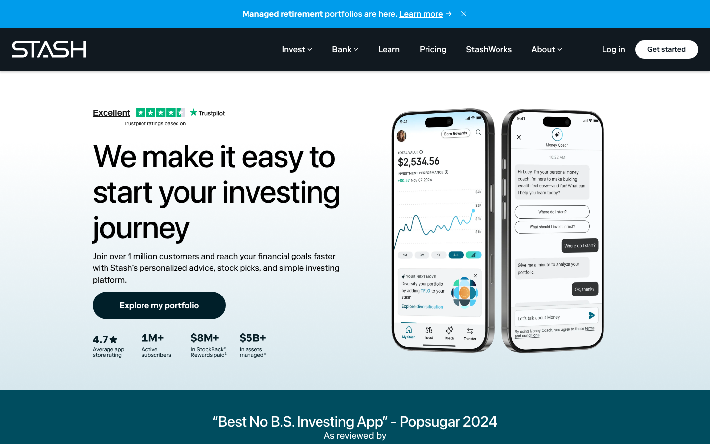 Stash - The page uses a split-screen layout, contrasting a clean, minimal left side with a dynamic right side showcasing app functionality. Typography is clean and legible, with a focus on clarity and ease of understanding.  ·  fintech app, investment platform, financial tools, split screen design, minimalist finance, modern banking, mobile investment, financial literacy