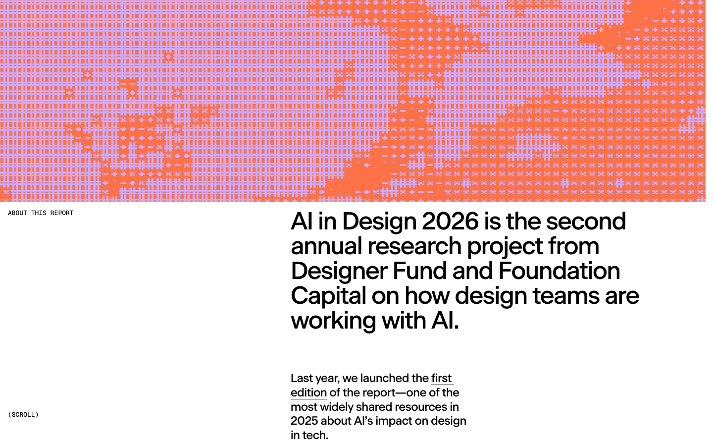 High-contrast layout featuring a dithered, pixel-art style hero graphic in coral and lavender. The typography is a clean, heavy sans-serif with generous white space and an asymmetric grid.  ·  dithered graphic hero, swiss typography, editorial ai report, high contrast layout, pixel art web design