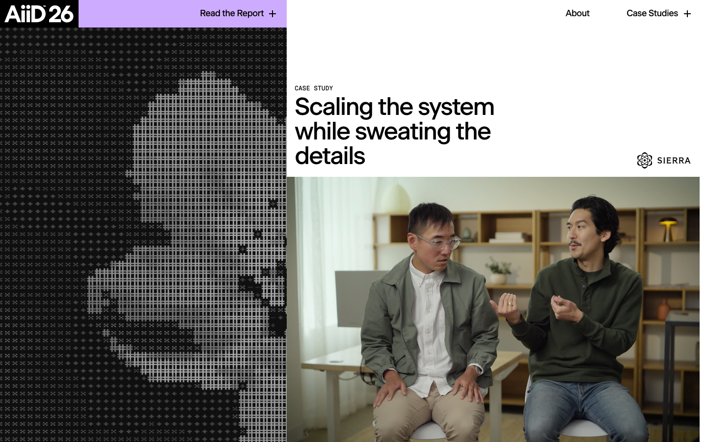 A high-contrast layout utilizing a strict grid with a heavy emphasis on negative space and bold, sans-serif typography. The visual tension is created by pairing a digital, pixelated graphic with a candid lifestyle photograph. · editorial case study, swiss design ai, high contrast layout, minimalist agency portfolio, split screen hero