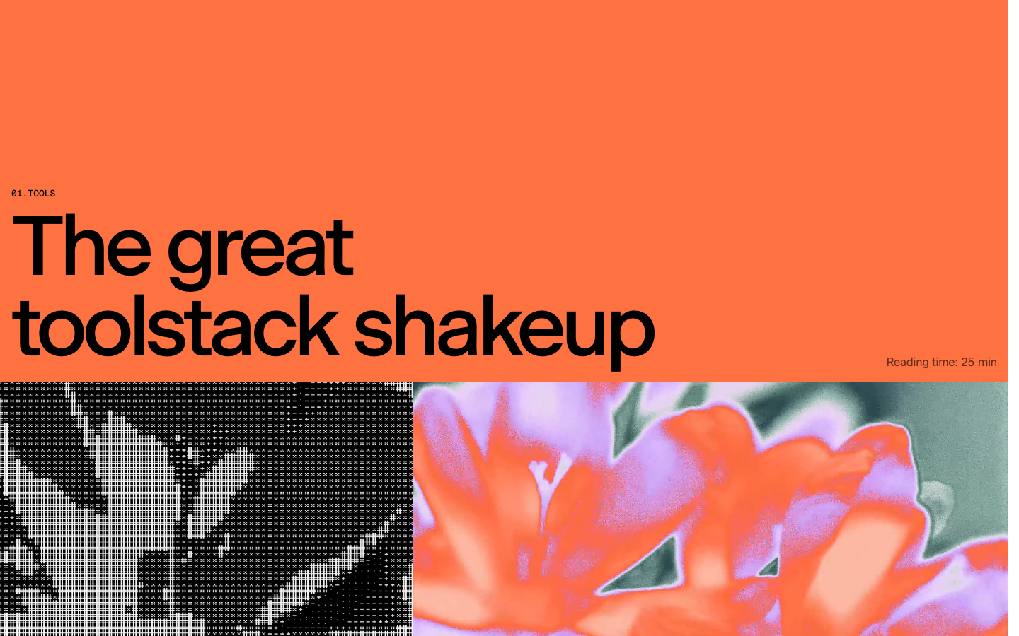 High-impact editorial layout featuring a saturated orange header and bold, oversized sans-serif typography. The visual language blends Swiss precision with brutalist elements, pairing a halftone dithered image with a soft, blurred floral gradient.  ·  editorial ai report, swiss brutalism, bold typography hero, saturated orange layout, halftone imagery, modern report design