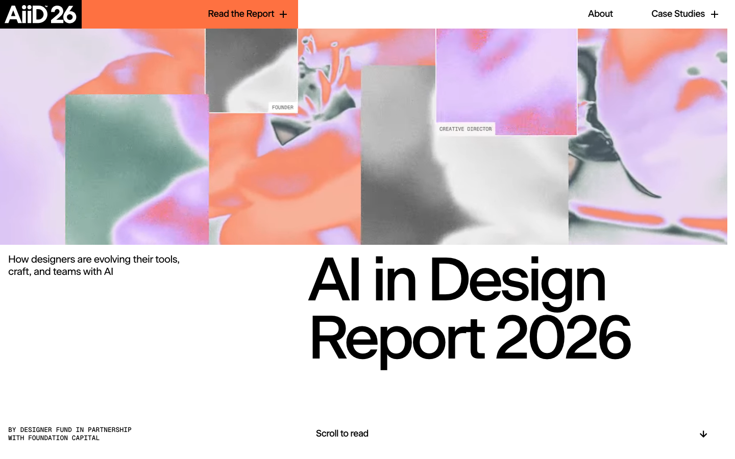 High-contrast layout pairing a fragmented, abstract AI-generated image collage with massive, tight-kerning sans-serif typography. The composition uses a stark white background to balance the saturated, fluid colors of the hero imagery.  ·  editorial ai report, swiss typography hero, abstract collage header, bold sans-serif layout, modern research landing page