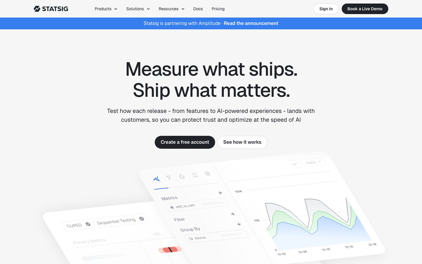 The page uses a clean, spacious layout with a focus on functionality. Typography is clear and legible, with ample negative space creating a sense of calm and technical precision. The color palette is predominantly white and muted blues, emphasizing clarity and a modern feel. · saas product, metrics dashboard, data analytics, ai testing, product analytics, statsig overview, measurement platform