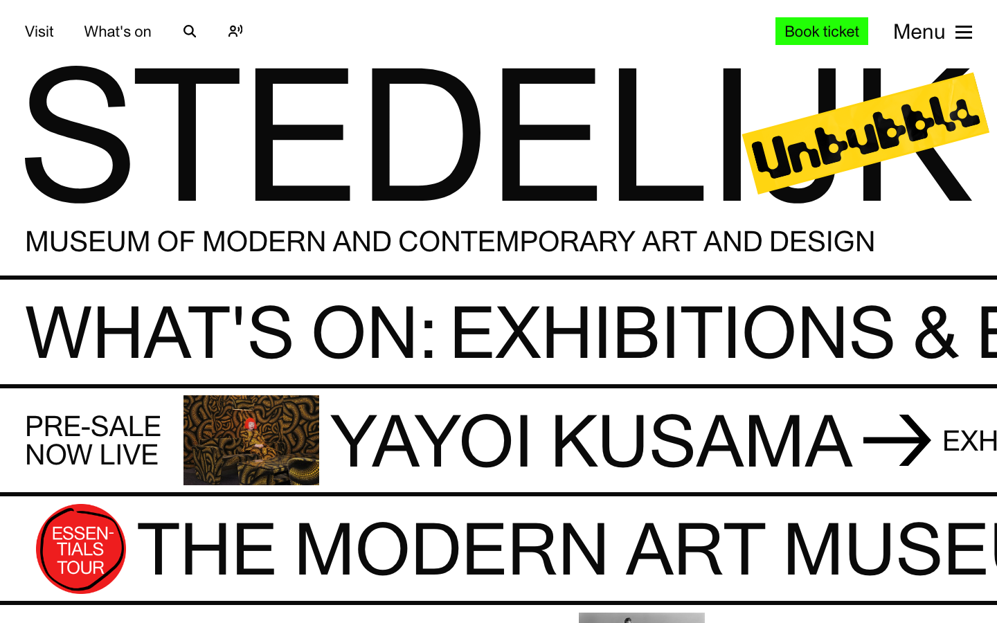 The layout prioritizes visual hierarchy with a clean, grid-based structure. Large typography and ample white space create a sense of calm authority, typical of design-focused publications. · modern art museum, design museum, art museum website, museum website, stedelijk nl, art and design, museum homepage, minimalist museum, editorial museum