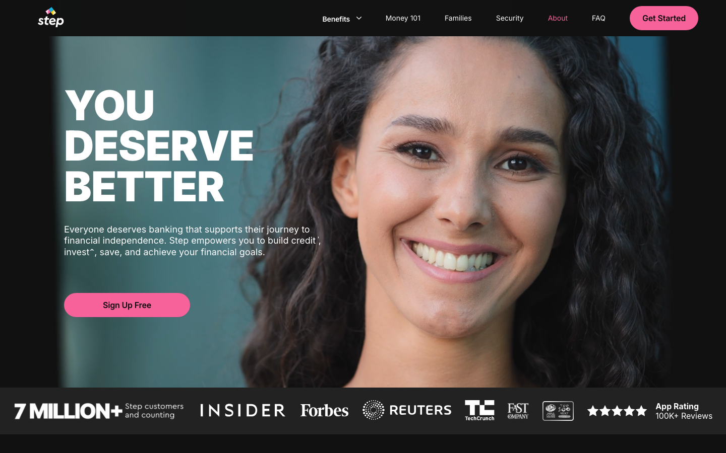 The page uses a clean, dark aesthetic with a focus on bold typography and clear visual hierarchy. The layout is structured around distinct blocks showcasing key features and the brand's value proposition, creating a sense of organized information.  ·  fintech landing page, dark saas design, banking app ui, minimalist fintech, modern banking, mobile banking, step app, financial app, tech website, dark mode ui