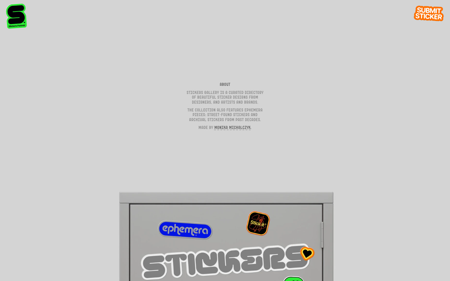 A stark, light grey canvas featuring centered, all-caps sans-serif typography. The composition is anchored by a playful, tactile image of a metal locker covered in stickers at the bottom. · minimalist about page, centered typography, sticker archive, grey background, playful curation