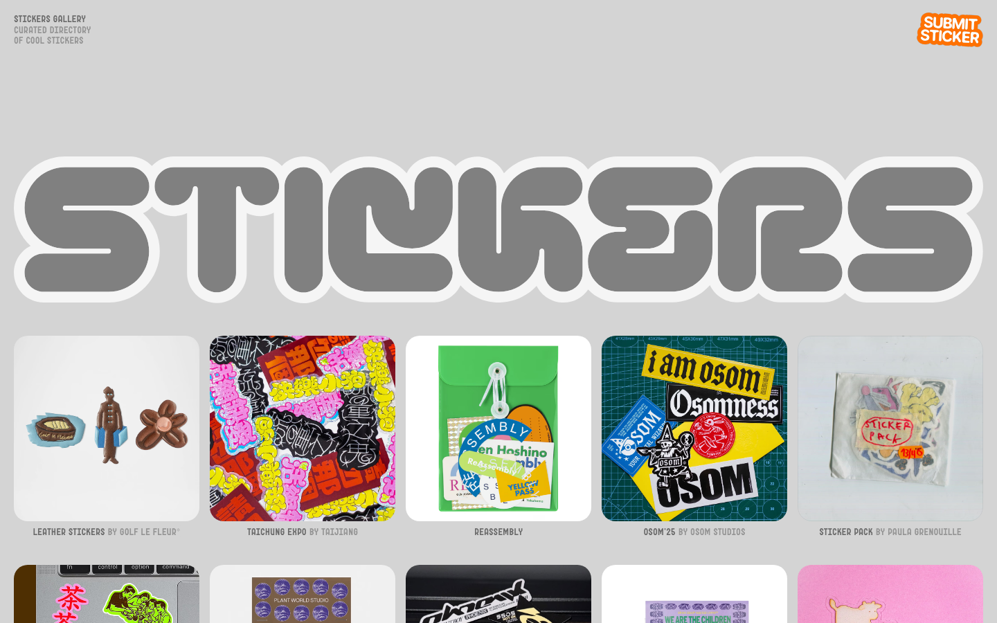 Stickers Gallery - A high-energy gallery featuring a massive, bubble-style outlined header and a uniform grid of colorful sticker assets. The layout uses a neutral grey background to make the saturated colors of the stickers pop.  ·  sticker archive, playful grid, bubble typography, curated directory, maximalist assets, culture gallery