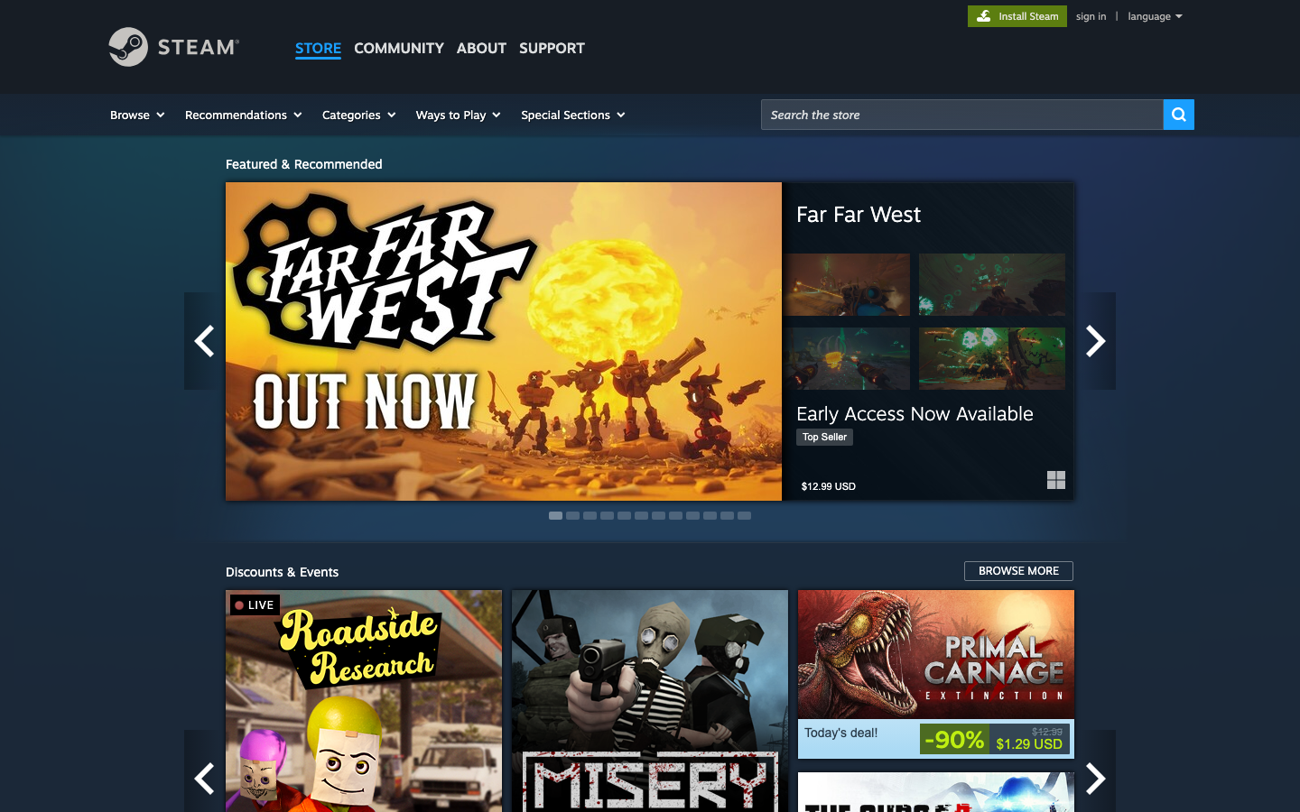 The page uses a dark color palette with bright accents to highlight game titles and promotional content. The layout is a bento grid, presenting game tiles with varying sizes and imagery. Typography is clean and functional, prioritizing readability. · game store, digital distribution, pc games, steamfront, gaming platform, dark ui, bento layout, game promotion