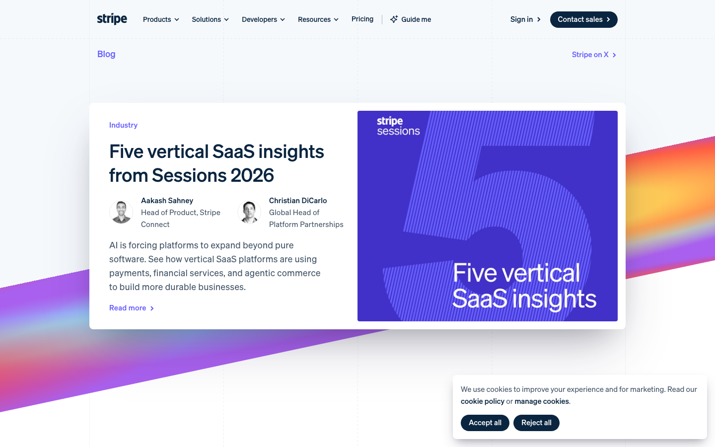 The page uses a bold, geometric color gradient as a backdrop for concise, impactful text. The layout is structured with distinct sections, prioritizing clarity and a sense of organized information delivery. Typography is clean and functional, emphasizing readability. · fintech landing page, saas homepage, developer tools design, minimalist tech, gradient background, geometric design, stripe website, financial infrastructure, clean layout, technical aesthetic