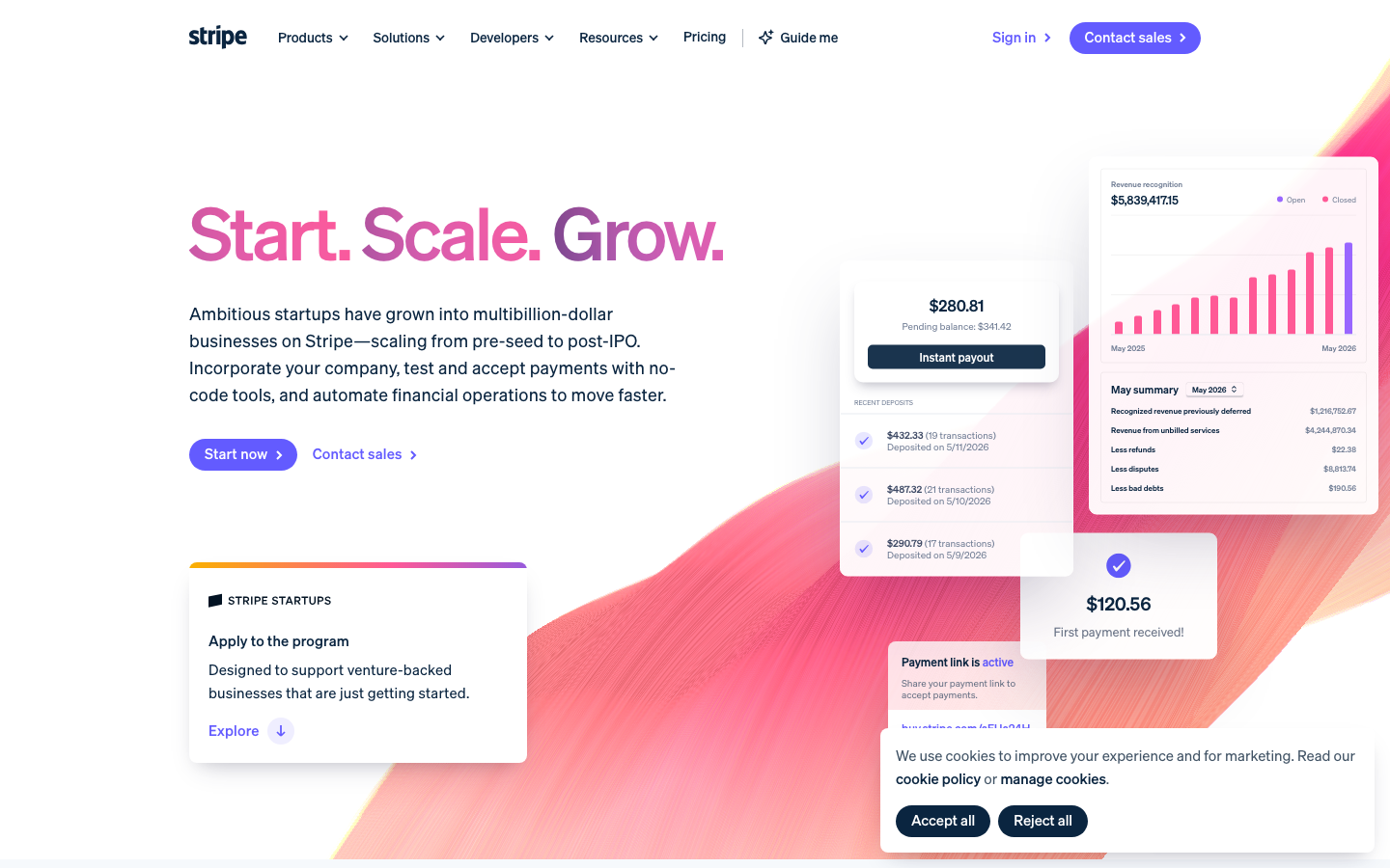 The page uses a bold, geometric color gradient as a backdrop for concise, impactful text. The layout is structured with distinct sections, prioritizing clarity and a sense of organized information delivery. Typography is clean and functional, emphasizing readability. · fintech landing page, saas homepage, developer tools design, minimalist tech, gradient background, geometric design, stripe website, financial infrastructure, clean layout, technical aesthetic