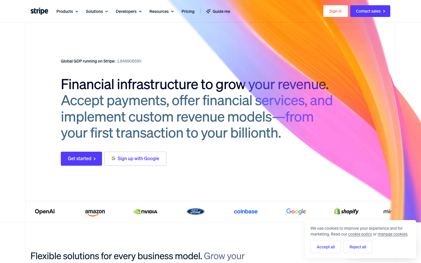 The page uses a bold, geometric color gradient as a backdrop for concise, impactful text. The layout is structured with distinct sections, prioritizing clarity and a sense of organized information delivery. Typography is clean and functional, emphasizing readability. · fintech landing page, saas homepage, developer tools design, minimalist tech, gradient background, geometric design, stripe website, financial infrastructure, clean layout, technical aesthetic