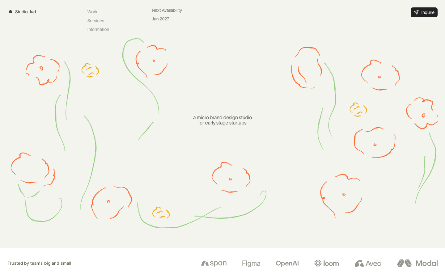 A soft, organic composition featuring hand-drawn floral illustrations on a muted sage background. The typography is understated and centered, creating a breathable, airy atmosphere. · organic agency hero, minimalist brand studio, pastel illustration web, soft aesthetic landing page, hand-drawn floral design