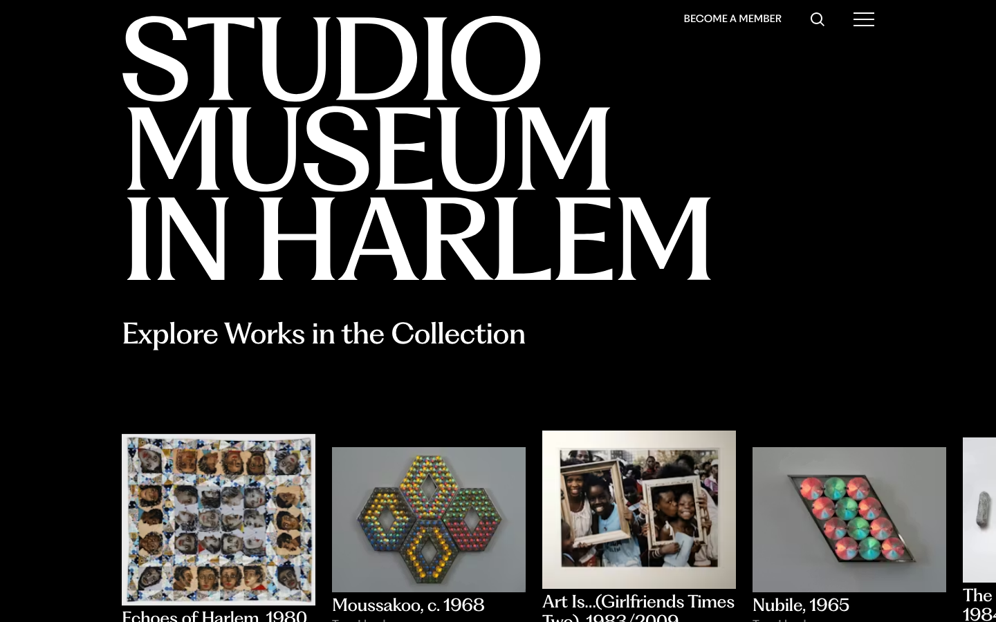 Studiomuseum - The layout prioritizes visual impact with a large, bold logo and a grid of images. The overall feel is clean and sophisticated, emphasizing the collection's visual nature through restrained typography and a stark color palette.  ·  art museum website, nonprofit portfolio, minimalist museum, black and white website, photography collection, modern museum design, editorial website, grid layout, harlem art, museum website