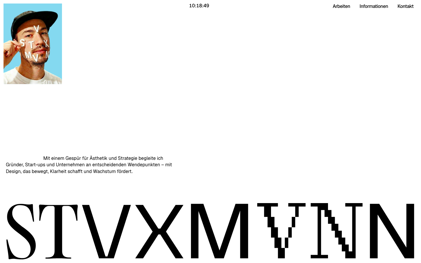 Extreme white space paired with oversized, distorted serif typography. The layout uses an asymmetric, editorial approach with a small portrait offset to the top left. · editorial portfolio, brutalist typography, minimalist designer site, high contrast serif, swiss style layout