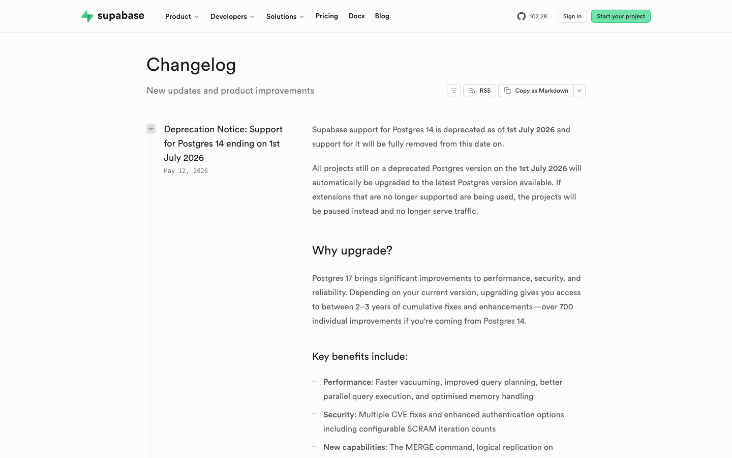 The page uses a clean, spacious layout with a strong emphasis on typography and a limited color palette. The hero section is direct and informative, leading to clear calls to action. The overall feel is functional and trustworthy. · developer platform, postgres, database, authentication, api, backend, saas, cloud, supabase