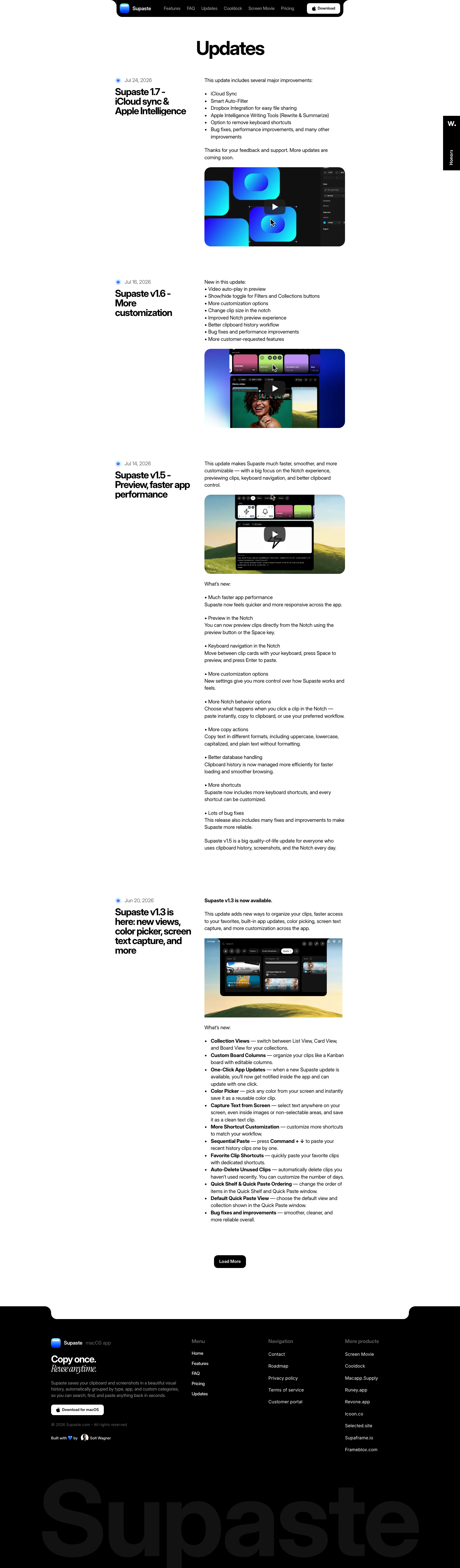 Supaste · Changelog - full page scroll