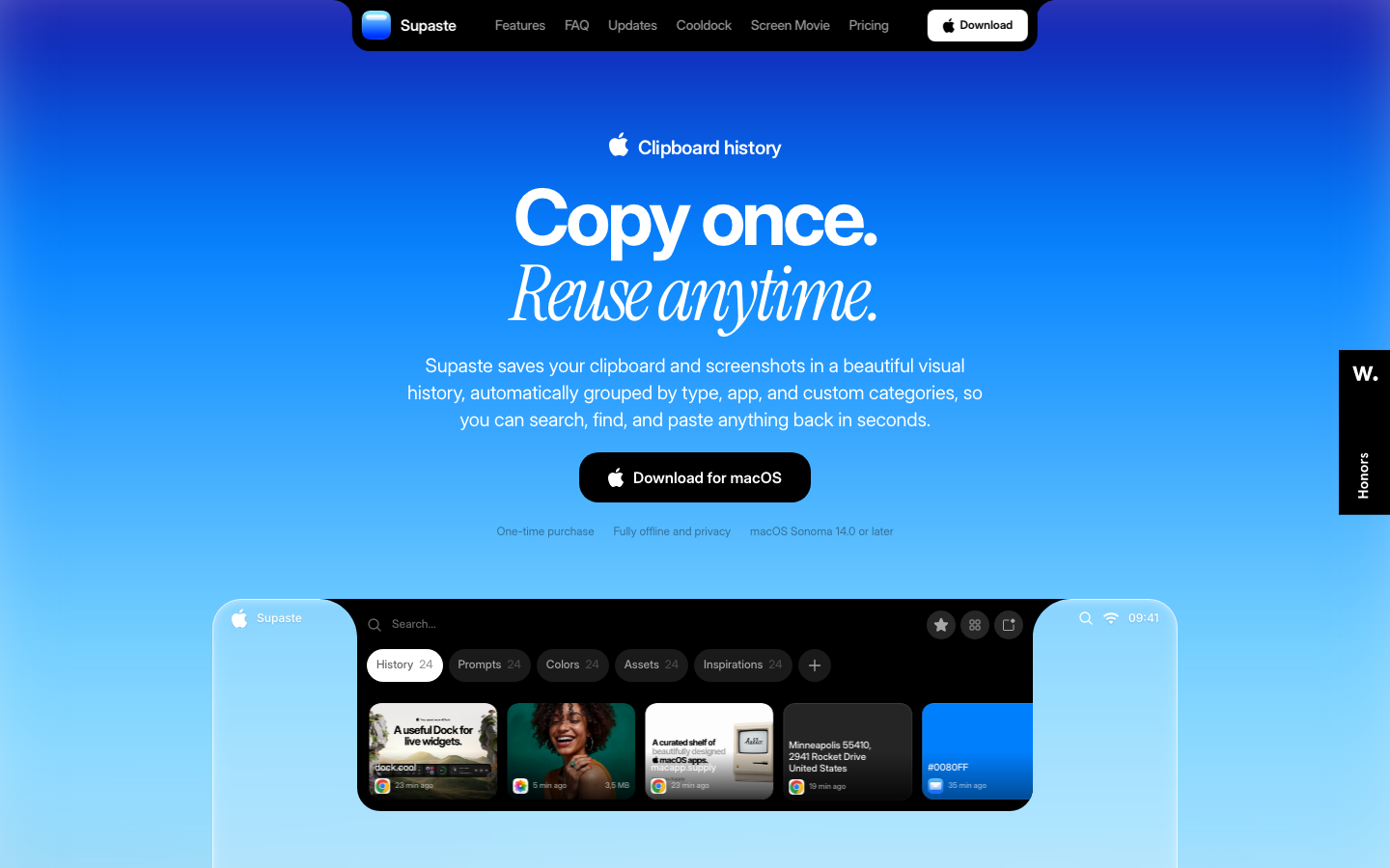 A high-saturation blue gradient hero with centered white typography and a floating app interface preview. The design utilizes soft shadows and glassmorphism to create a modern, macOS-native aesthetic. · macos app landing page, blue gradient hero, software tool showcase, minimalist saas hero, glassmorphism ui