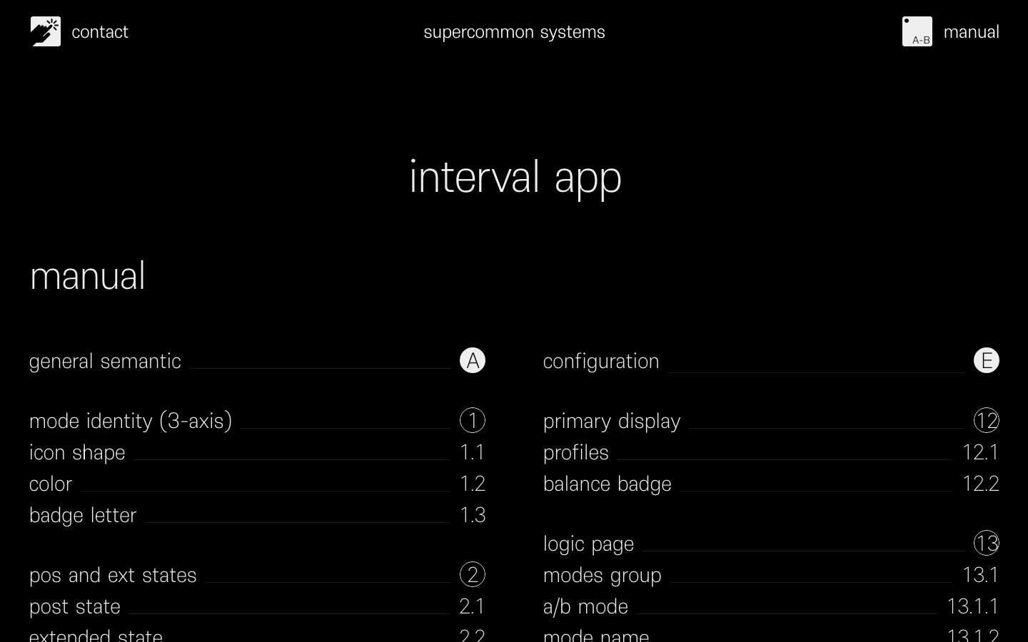 A stark, high-contrast layout utilizing a strict grid and alphanumeric indexing. The design relies on typographic hierarchy and generous negative space to create a technical, manual-like aesthetic. · technical manual design, swiss style dark mode, minimalist index page, monochrome typography, brutalist documentation