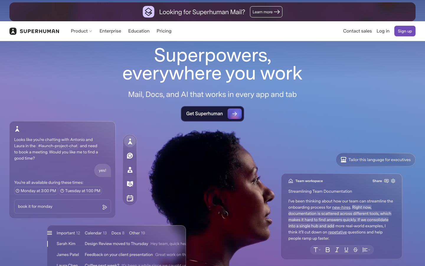 The layout prioritizes a clean, vertical flow with distinct sections separated by ample whitespace. Typography is crisp and functional, emphasizing clarity and readability over ornamentation. The overall feel is sophisticated and efficient. · dark saas, minimalist interface, productivity tools, ai workflow, clean design, tech website, superhuman, dark mode, user interface