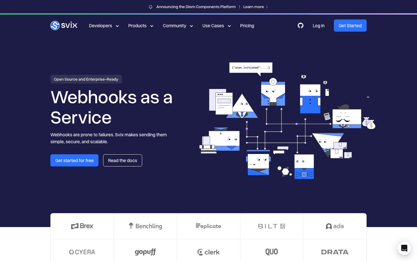The layout utilizes a grid of distinct, geometric shapes to showcase different aspects of the service. The color palette is restricted to dark blues and white, creating a clean, technical feel. Typography is clean and sans-serif, prioritizing clarity. · dark saas, developer tools, webhook service, geometric layout, minimalist design, technical website, blue and white, modern interface, svix, api platform