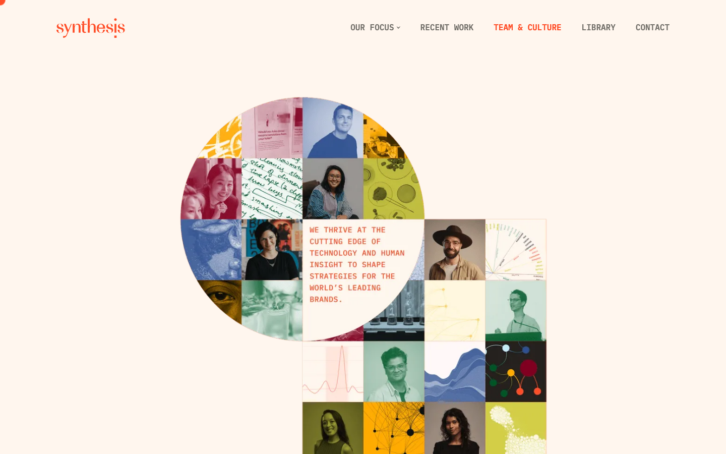 A cream-colored canvas featuring a central, circular collage of portraits and abstract textures. The typography is a clean, high-contrast sans-serif in a bold red accent. · agency team page, circular collage hero, editorial layout, cream and red palette, creative agency portfolio