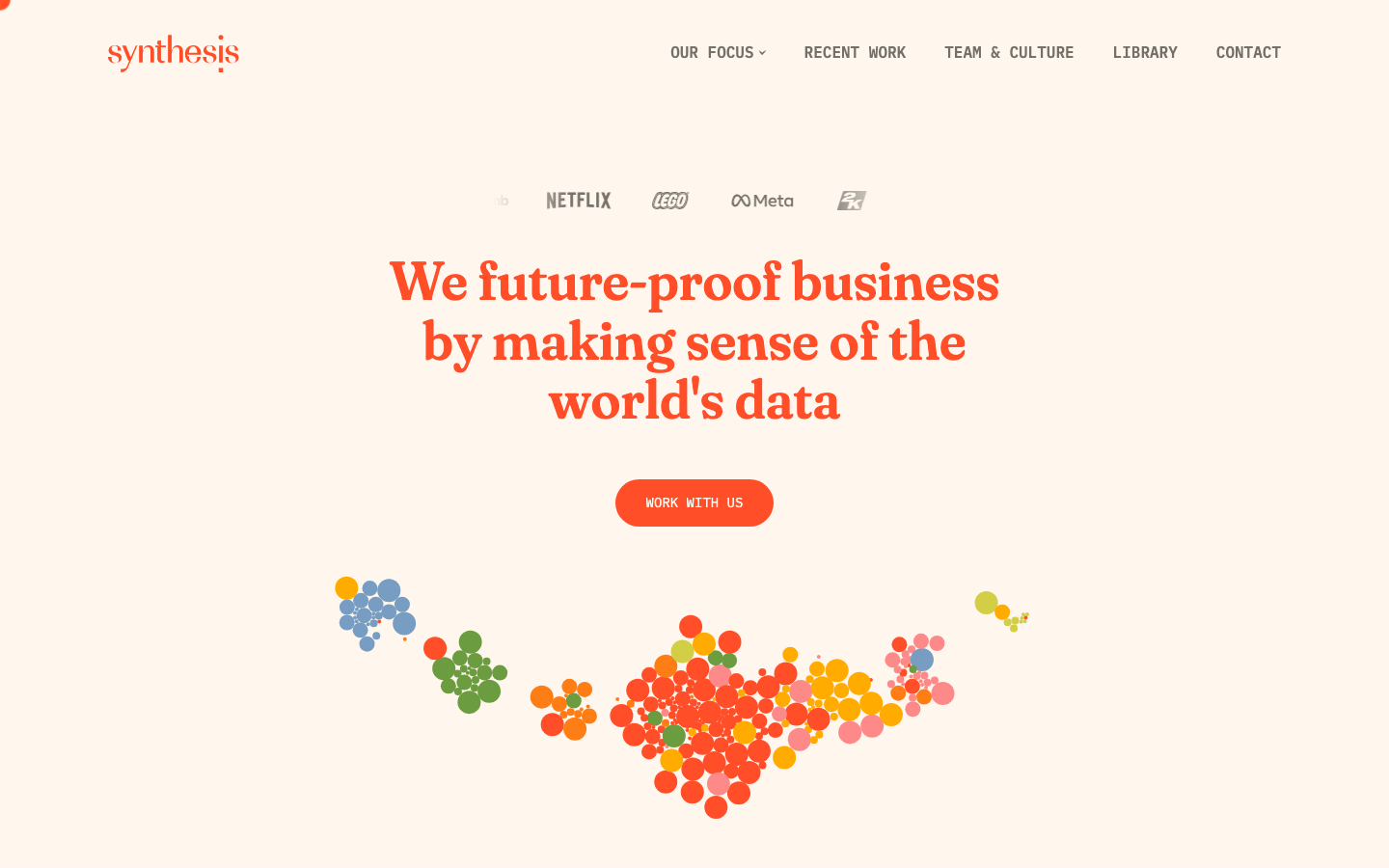 Synthesis - A soft cream background paired with high-contrast orange typography. The layout is centered and airy, utilizing a playful data-visualization cluster of colorful circles as a primary visual anchor.  ·  agency hero, data visualization art, cream and orange palette, minimalist agency landing, editorial typography