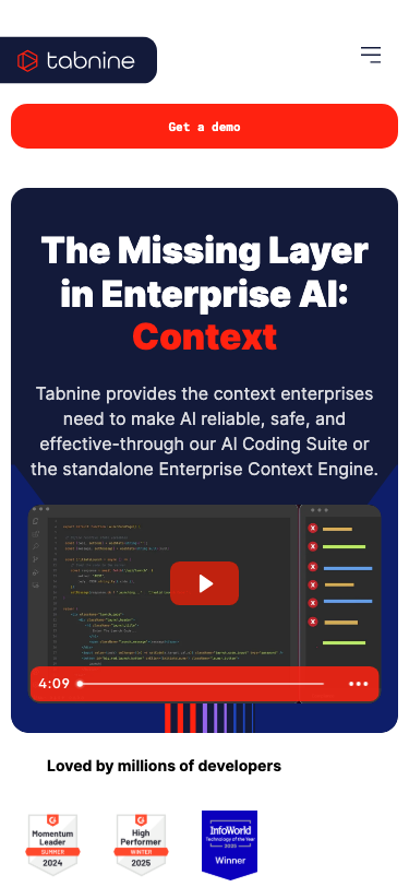 Tabnine AI Code Assistant | Smarter AI Coding Agents. Total Enterprise Control. - mobile