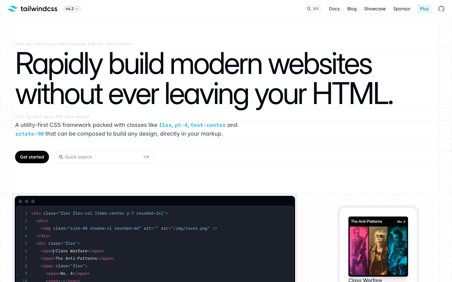 The page prioritizes clarity and functionality through a clean, grid-based layout. Typography is straightforward and legible, with a focus on hierarchy. The overall mood is efficient and purposeful, reflecting a tool-focused brand. · css framework, utility-first, developer website, design system, minimal design, dark mode, code example, tailwindcss docs, css tools, web development