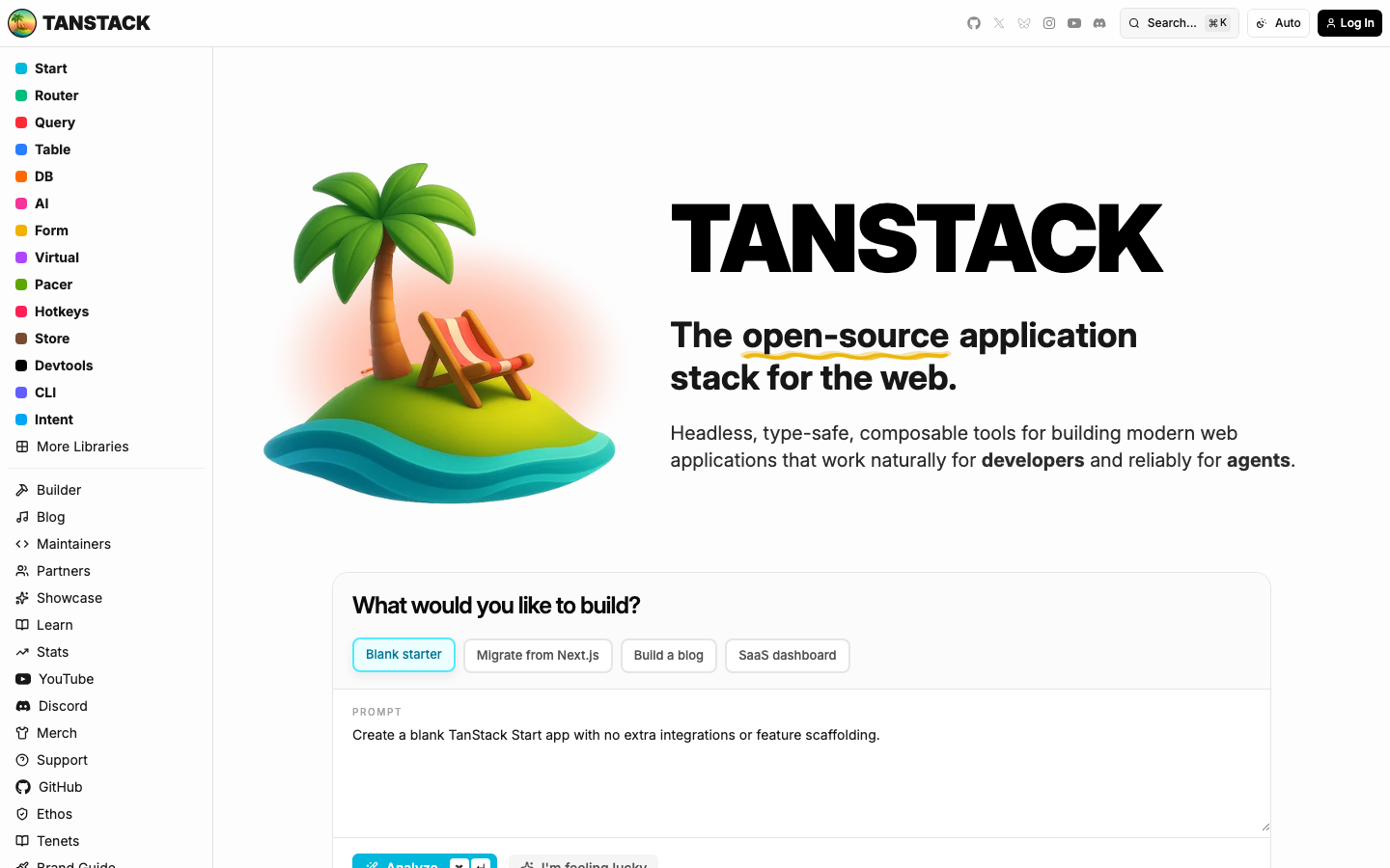 The hero uses a playful illustration to introduce the product, while the layout is clean and functional, prioritizing clear calls to action and concise information. The overall feel is modern and approachable, avoiding excessive ornamentation. · developer tools hero, saas landing page, technical website, open source design, minimalist tech, modern developer, application stack, website showcase