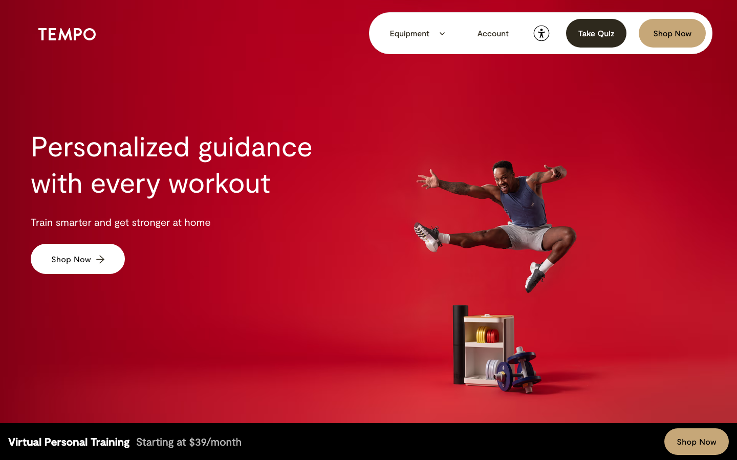 Tempo Fit - The hero image dominates the viewport, showcasing a dynamic athletic pose against a deep red backdrop. Clean typography and minimal UI elements emphasize the visual impact and brand name.  ·  fitness app, workout platform, personal training, exercise software, health tech, gym software, online fitness