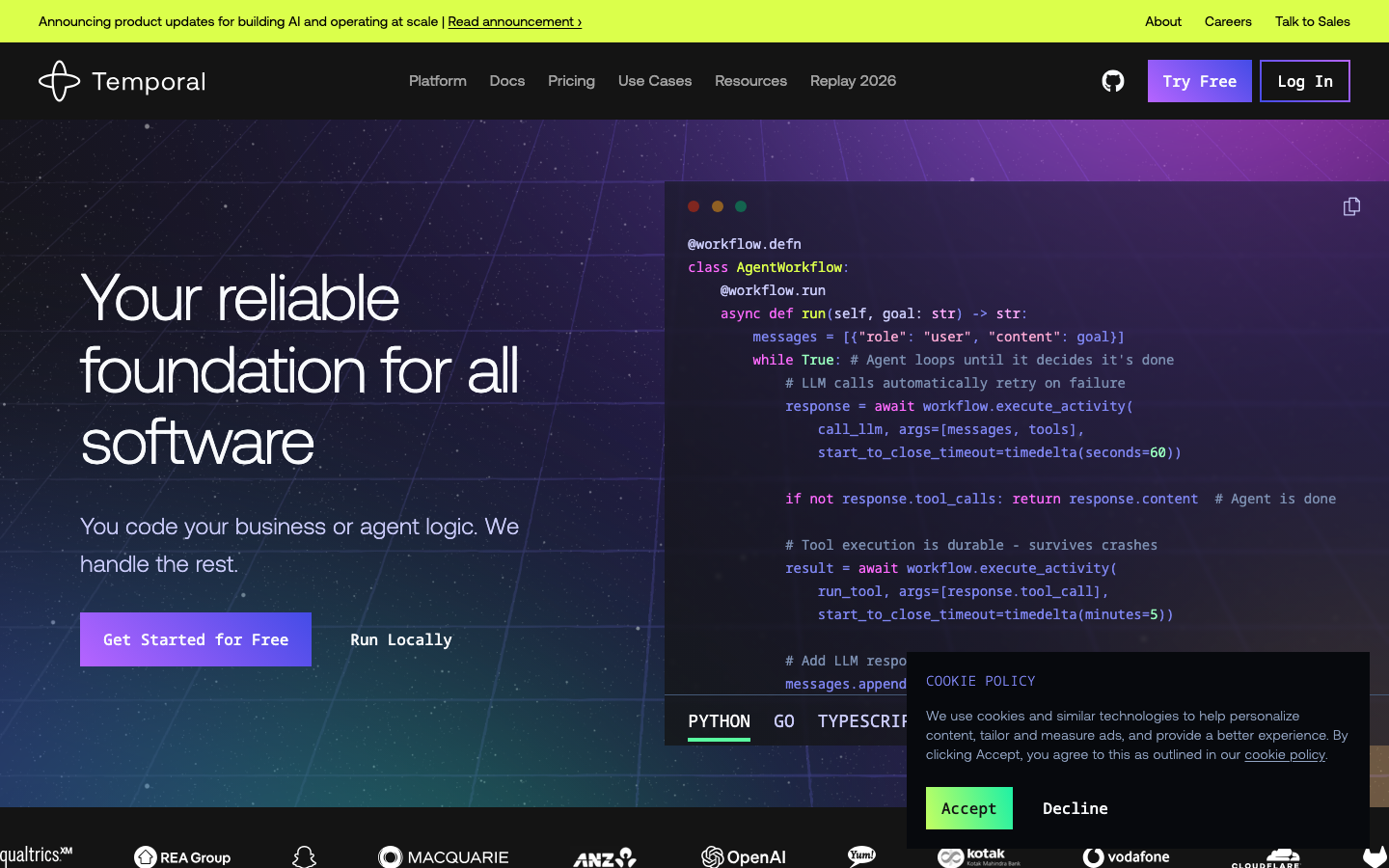 Temporal - The page uses a stark contrast of dark background and vibrant purple accents, with a prominent code block as the hero. Typography is clean and technical, emphasizing readability and functionality. The overall mood is serious and focused on the product's capabilities.  ·  ai platform, developer tools, saas landing page, code hero, technical design, dark ui, minimalist ai, developer platform, software tools, temporal ai