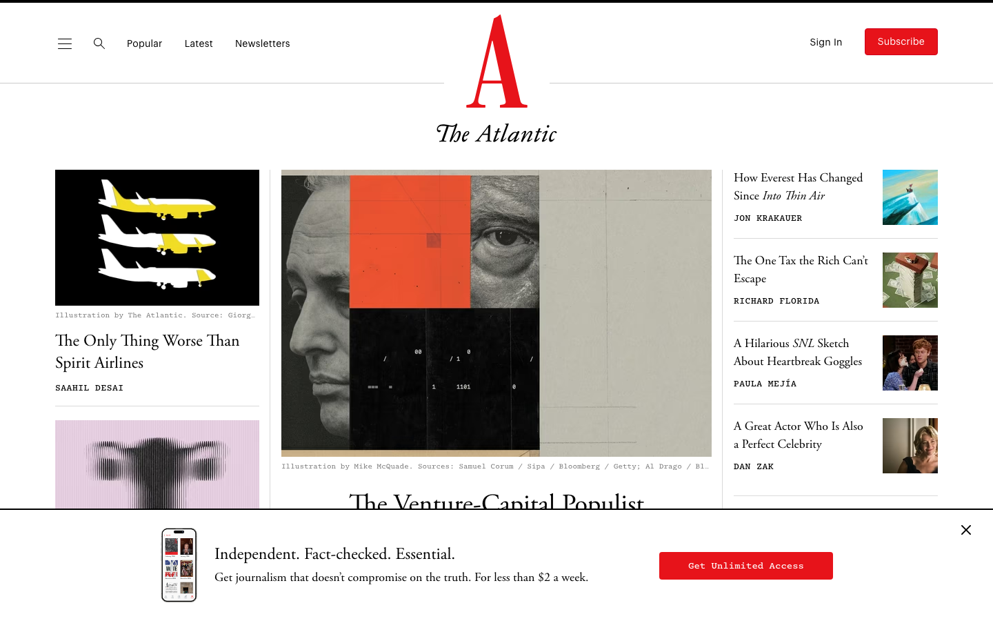 The page prioritizes a grid of article previews, using a clean typographic hierarchy and ample negative space. The overall feel is intellectual and authoritative, reflecting a focus on in-depth reporting. · news website, magazine design, editorial grid, minimalist layout, high contrast design, article showcase, publication homepage