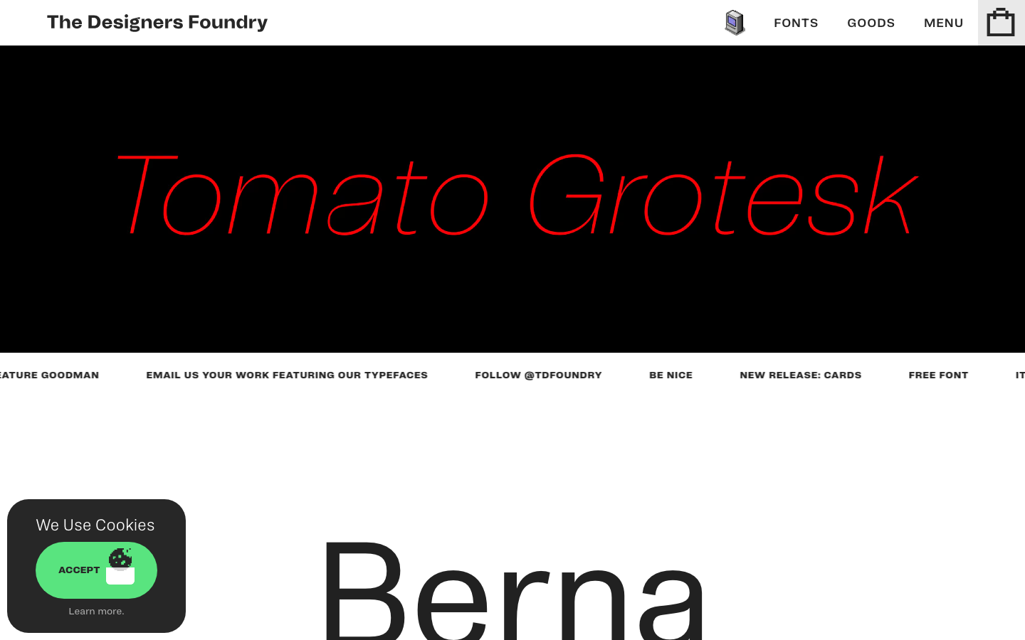 The page prioritizes typographic display, using a bold, stylized typeface as the central visual element. The layout is clean and spacious, emphasizing the typeface's form and creating a sense of deliberate presentation. · type foundry, typography showcase, font design, editorial design, minimalist typography, headline display, red typeface, black background