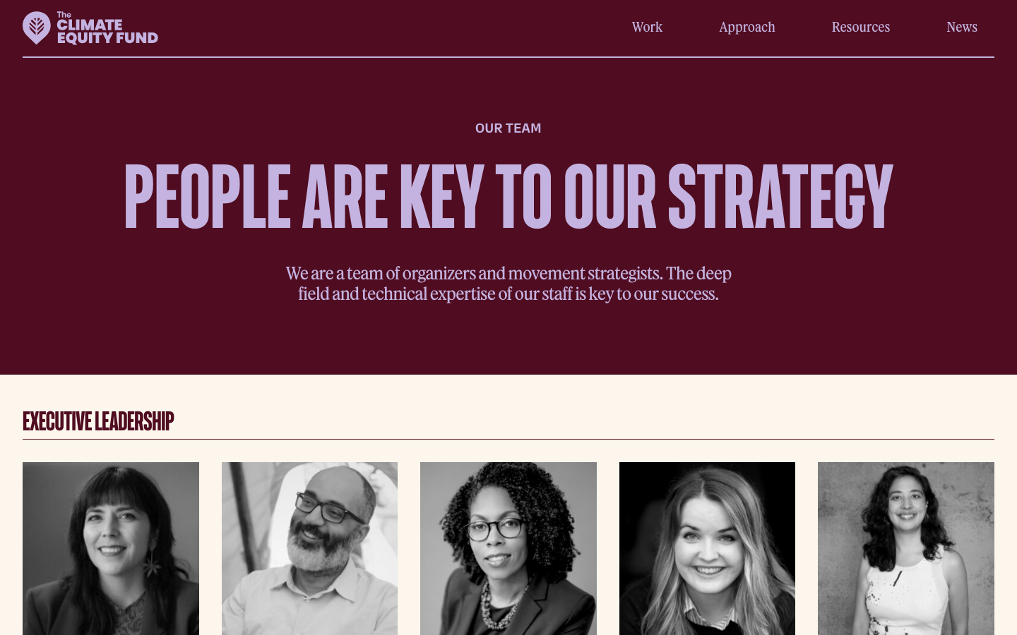 Deep burgundy hero section with bold, condensed sans-serif typography transitions into a clean white section featuring a grid of black and white portraits. · non-profit team page, burgundy hero section, condensed sans-serif typography, grayscale portrait grid, editorial non-profit design