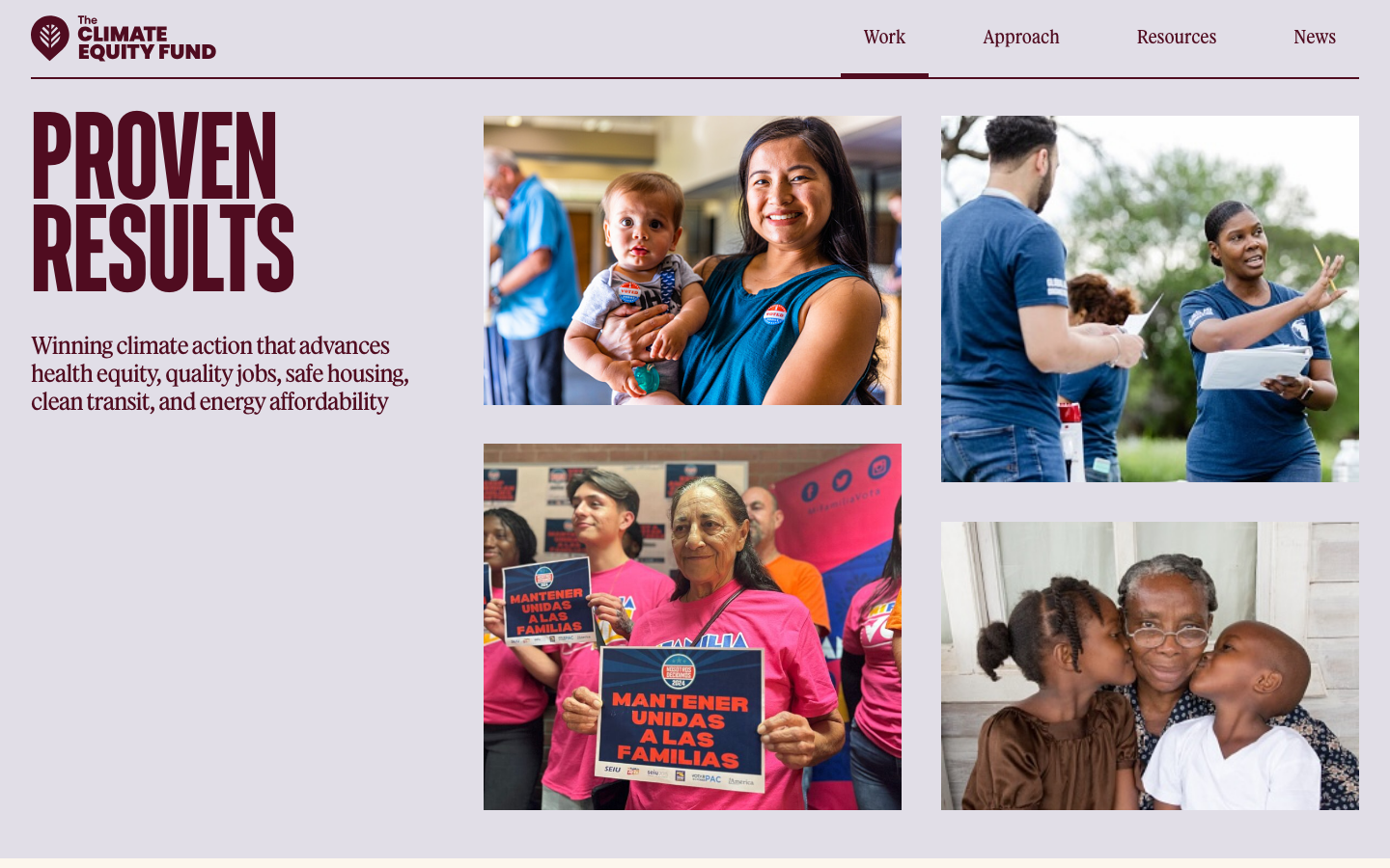 A soft lavender background pairs with a bold, condensed serif headline. The layout uses a diptych approach, balancing heavy typography on the left with a masonry-style image cluster on the right. · non-profit editorial, lavender background, condensed serif headline, community focused design, asymmetric layout