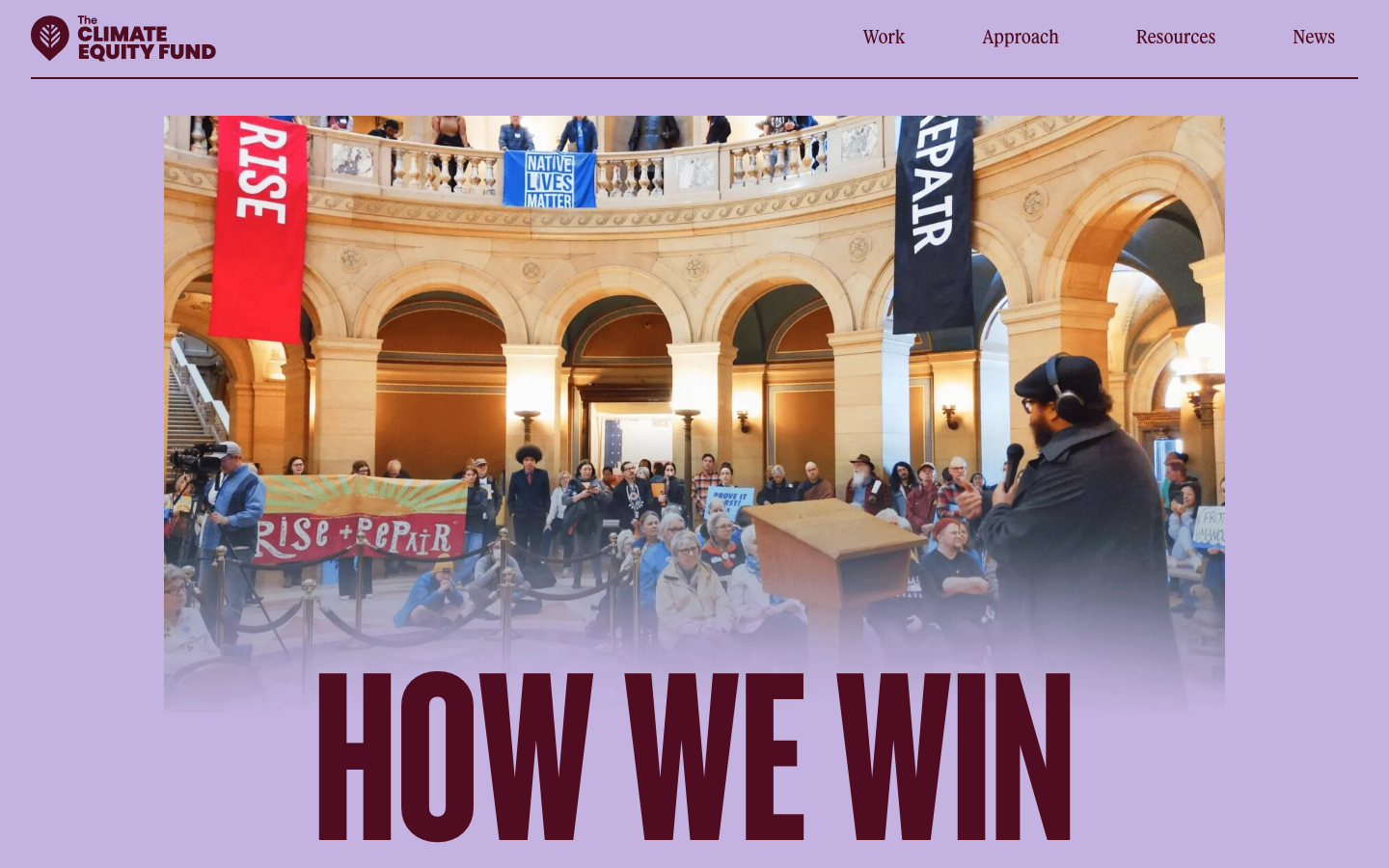 A high-impact layout featuring a muted lavender background contrasted by a bold, oversized sans-serif headline. The composition uses a large, centered photograph with a soft gradient fade at the bottom to integrate text. · activist website hero, bold typography, lavender background, non-profit landing page, editorial layout