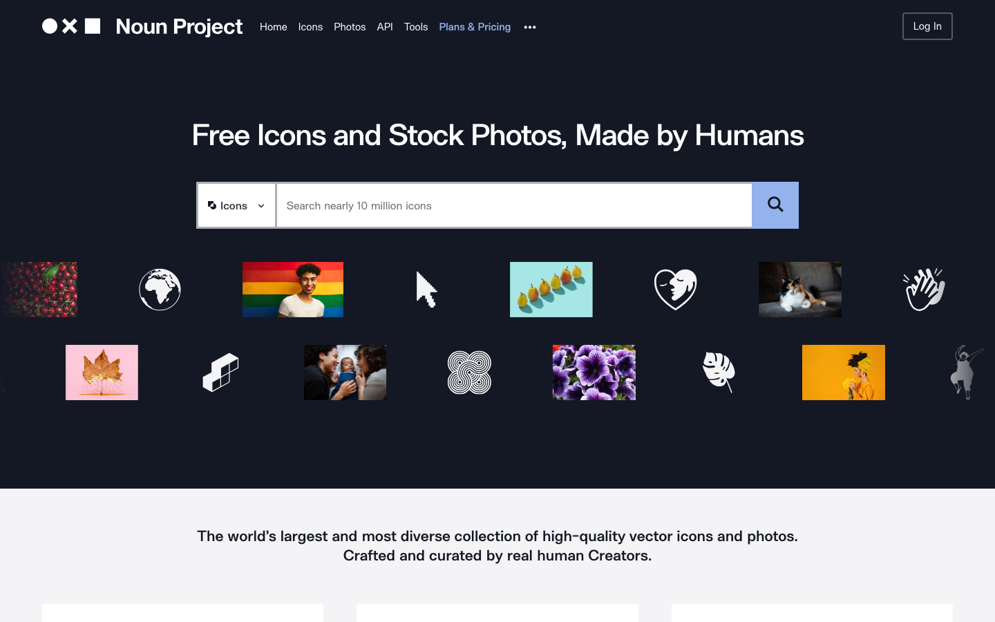 Thenounproject - The layout prioritizes visual discovery through a grid of diverse icons. The dark background and clean typography create a sophisticated, functional feel.   ·  icon library, stock photos, design resources, dark theme, minimal icon, vector icons, creative assets, website grid, thenounproject, icon platform