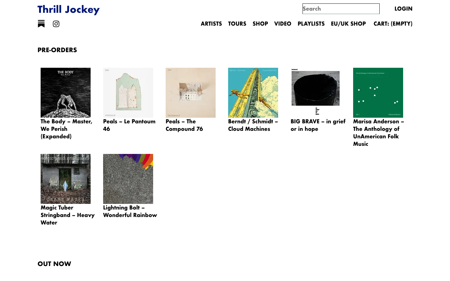 Thrilljockey - The layout prioritizes visual presentation of work, using a grid of image thumbnails. Clean typography and ample white space create a sense of quiet confidence, emphasizing the individual projects. · music portfolio, album art grid, minimalist design, agency website, creative portfolio, dark theme, visual presentation, music label, thrill jockey, record label