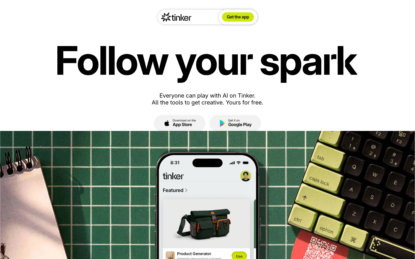 High-contrast layout featuring massive, bold sans-serif typography centered on a stark white background. A sharp transition leads into a tactile, photographic section with a green grid backdrop and physical hardware.  ·  bold typography hero, ai creator landing page, minimalist white hero, tactile product photography, high contrast sans serif