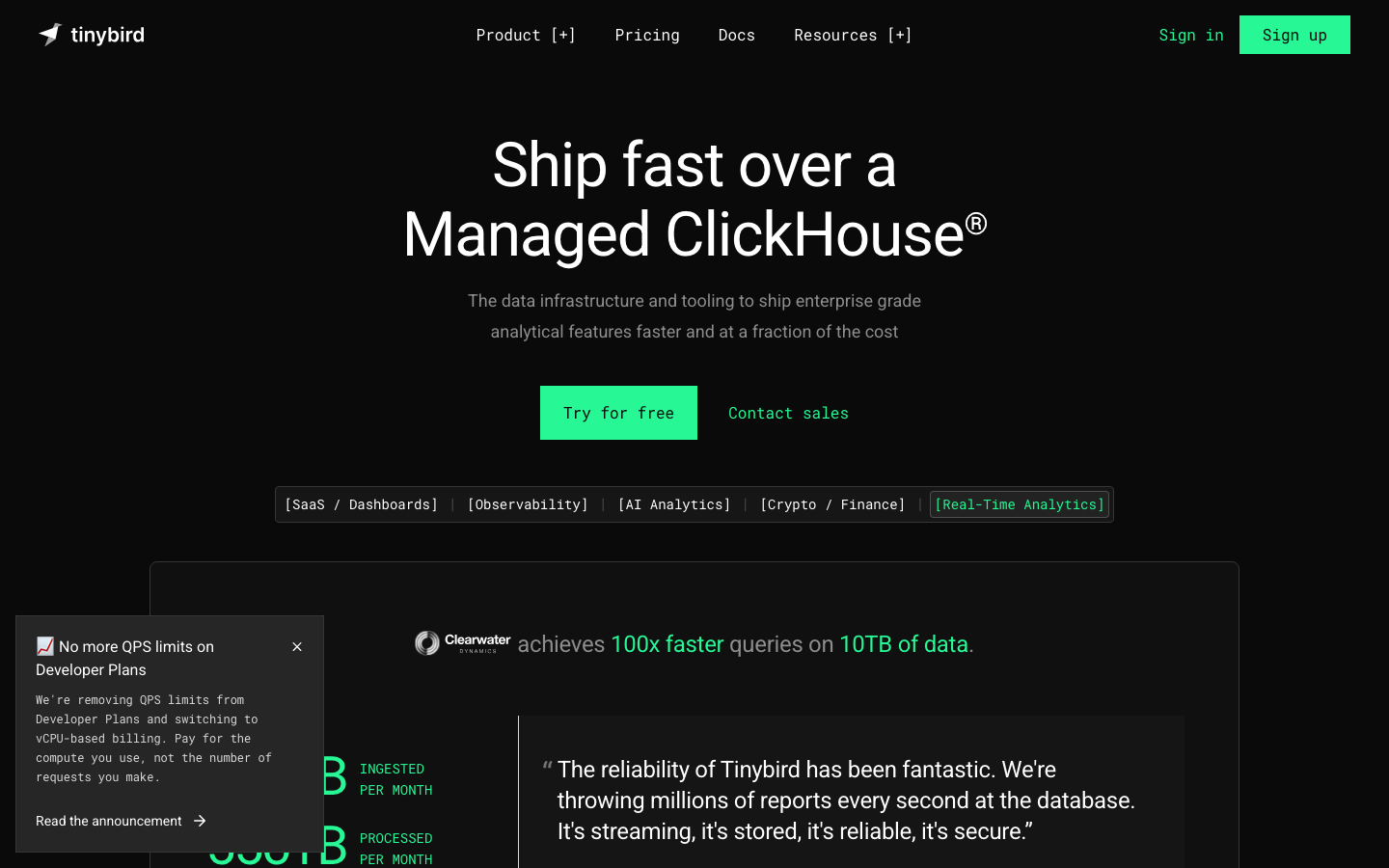 Tinybird - The page prioritizes a large, impactful statistic to immediately convey value. The design is clean and functional, using a dark color palette and minimal visual clutter to emphasize data and clarity.  ·  saas analytics, clickhouse, data pipeline, database analytics, performance monitoring, data platform, technical website