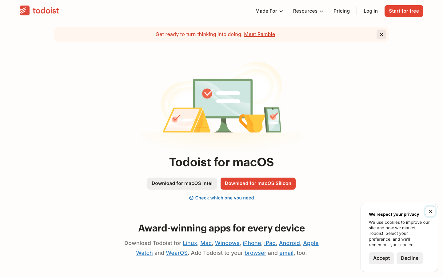 The design prioritizes clarity and functionality with a clean, dark aesthetic. Typography is crisp and legible, complemented by subtle animations and a focus on showcasing the product's interface.  ·  dark saas, productivity app, todoist design, minimalist saas, task management, dark mode ui, clean interface