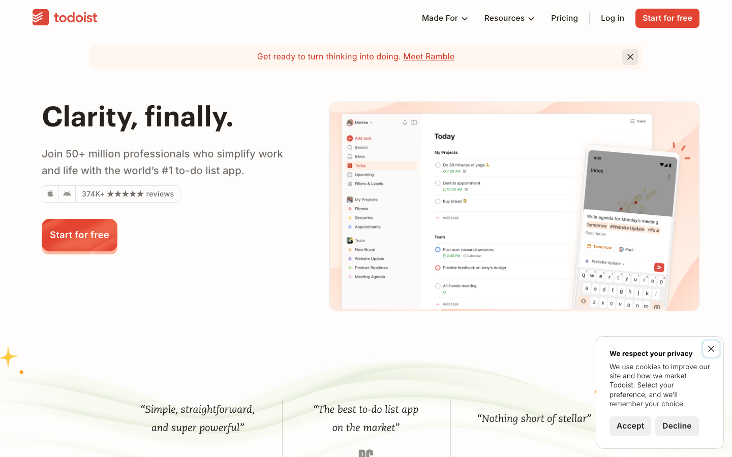 The design prioritizes clarity and functionality with a clean, dark aesthetic. Typography is crisp and legible, complemented by subtle animations and a focus on showcasing the product's interface. · dark saas, productivity app, todoist design, minimalist saas, task management, dark mode ui, clean interface
