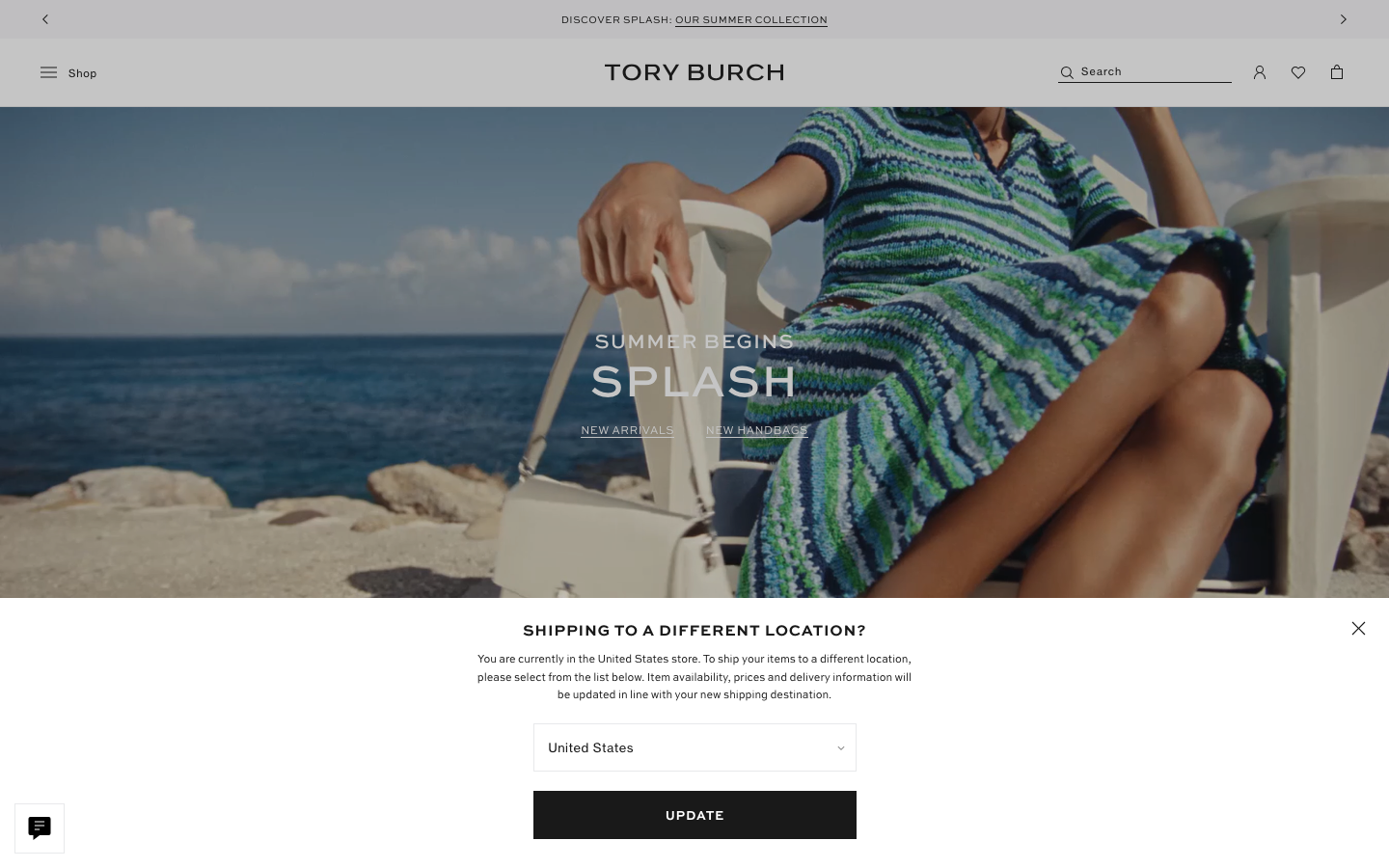 The image dominates the viewport, establishing a mood of relaxed luxury. The typography is clean and minimal, allowing the visual to take center stage. The overall feel is sophisticated and aspirational. · luxury fashion, summer campaign, womenswear, tory burch, beach style, editorial fashion, minimalist style