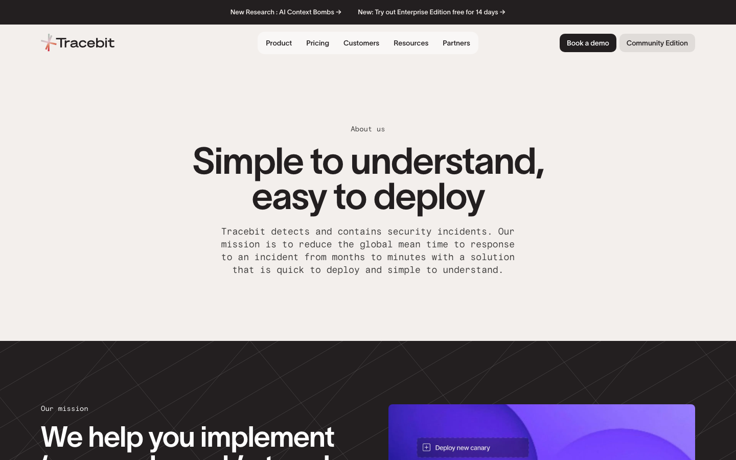 Clean, centered typography with generous whitespace on a muted off-white background, transitioning into a high-contrast dark section with geometric accents. · minimalist saas about page, centered hero typography, developer tool landing page, high contrast section transition, clean corporate minimalism
