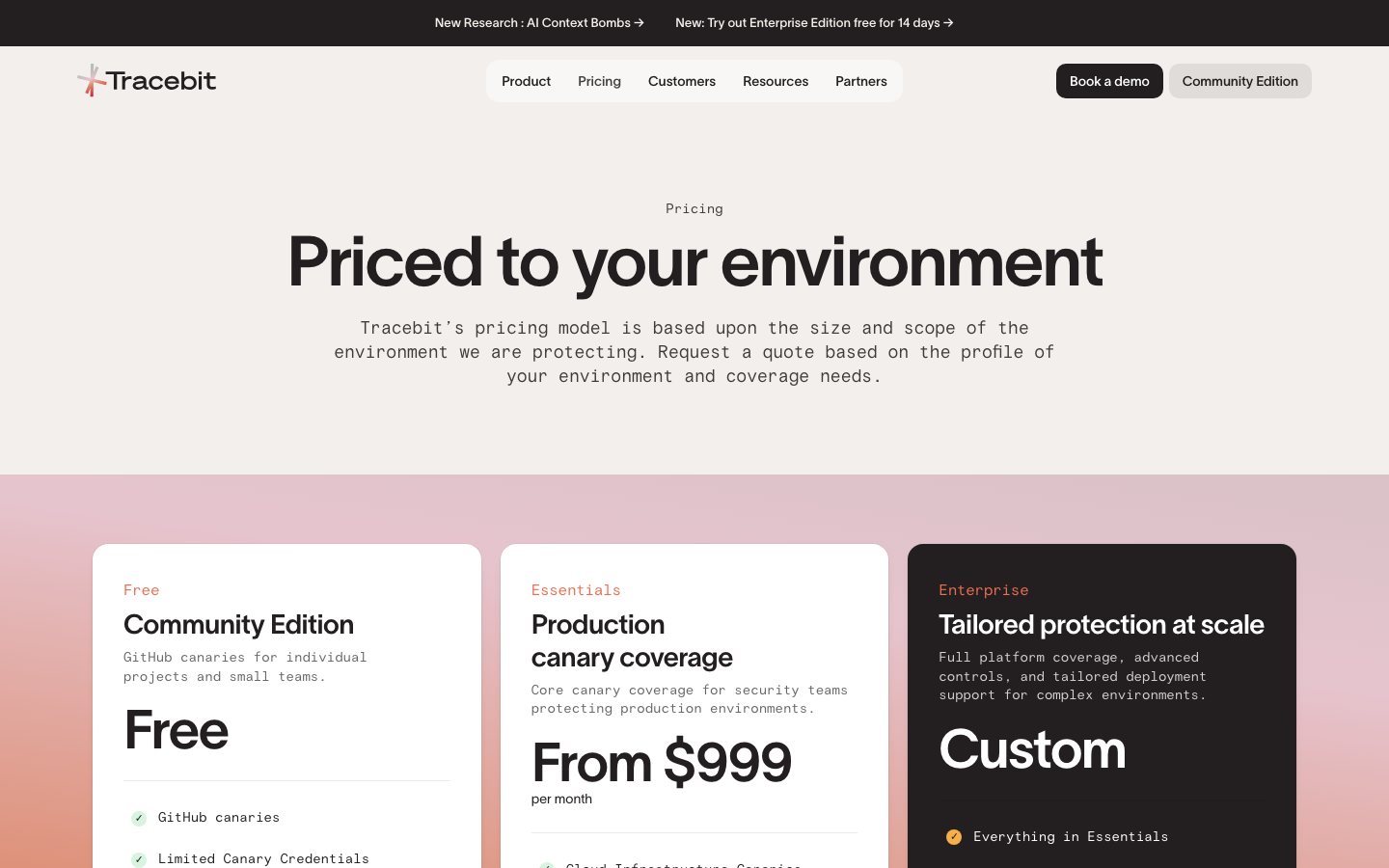 Clean, high-contrast layout featuring a centered typographic hero and a three-column pricing grid. The use of a soft pink background section creates a clear visual break between the value proposition and the plan details. · saas pricing page, developer tool pricing, minimalist pricing table, clean typography hero, high contrast pricing cards