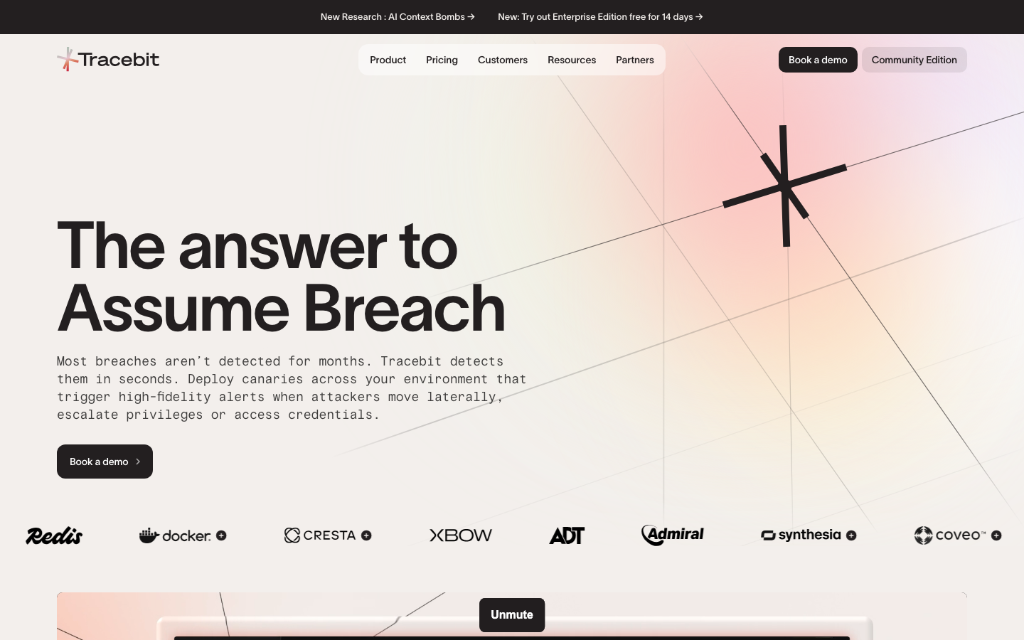 Clean, high-contrast layout featuring a bold sans-serif headline over a subtle gradient background with geometric line art. The use of ample white space and a monochrome logo cloud creates a professional, secure atmosphere.  ·  cybersecurity hero, minimal saas landing page, technical b2b design, geometric background, clean logo cloud