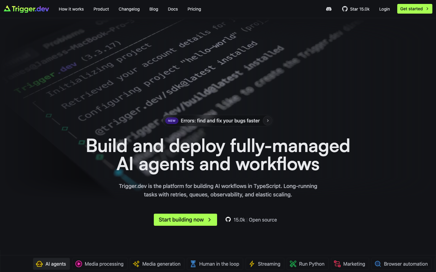 The page uses a dark, code-heavy aesthetic with a prominent hero section. Typography is clean and functional, prioritizing readability over ornamentation. The layout is structured with distinct blocks of information, resembling a terminal interface.  ·  ai platform, developer tools, saas dark mode, coding website, terminal aesthetic, ai workflows, trigger dev, developer agency, code interface, technical design